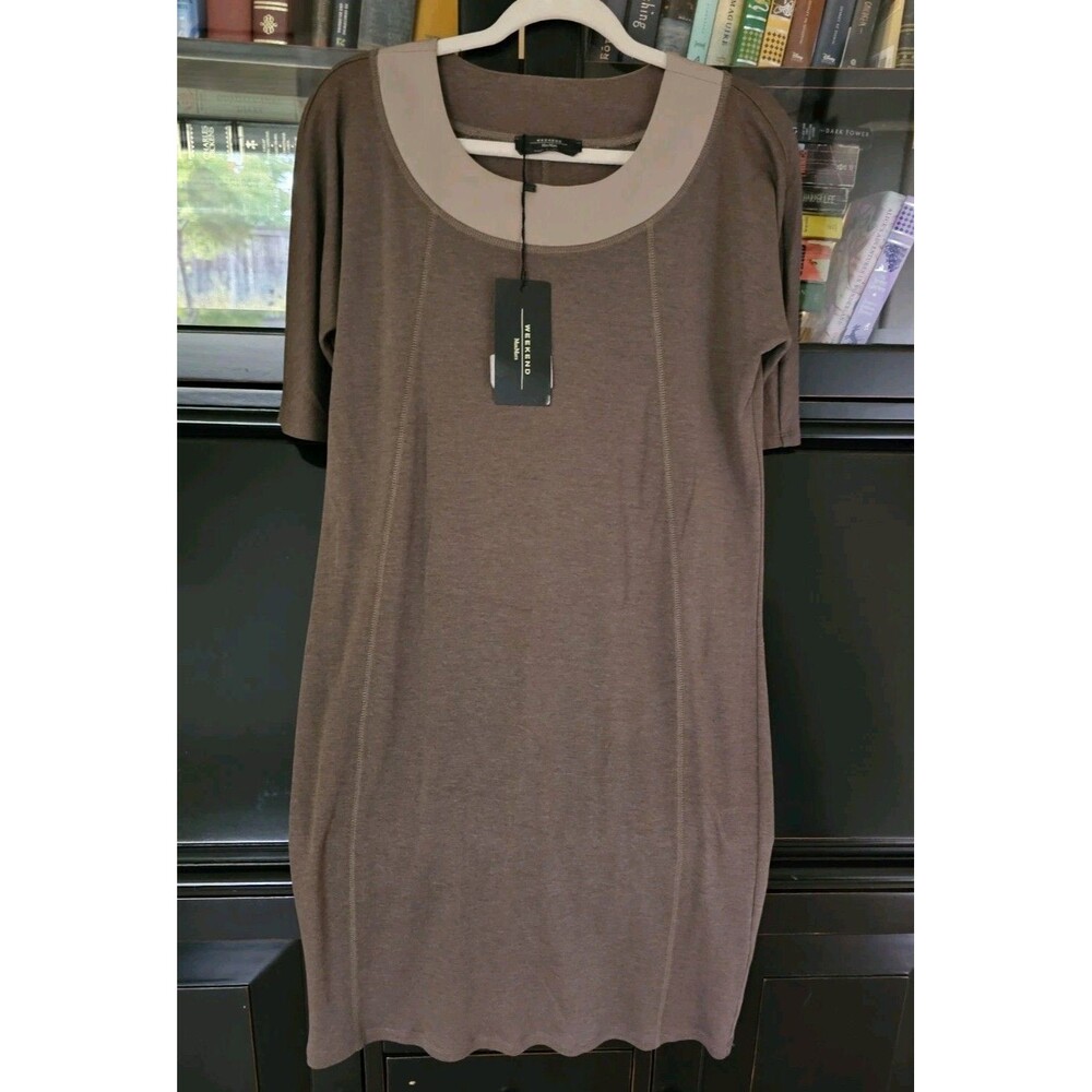 Max Mara Weekend Size M Brown Dress Made In Italy Silk Boat Neck Soft Stretch
